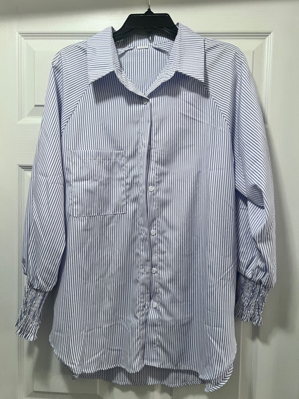 Women’s  Blue and White Striped Button-Up Shirt